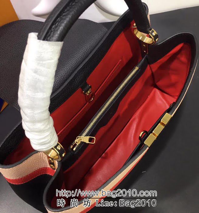 路易威登LV頂級原單 M48869黑色/條紋 經典Capucines中號牛皮手提斜挎包 YDH1690